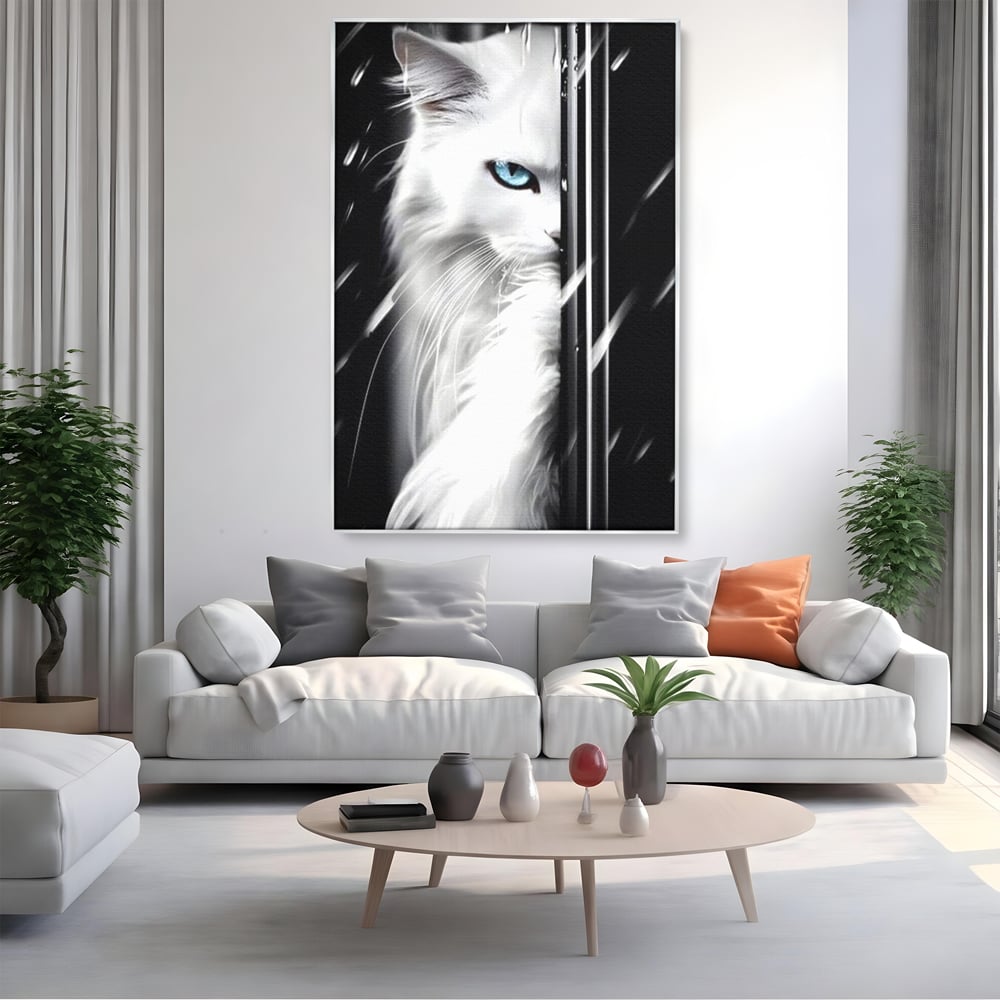 Tablou canvas cu tablou canvas cu pisica alba si ochi albastri, in rama de aluminiu argintiu, pe perete intr-un living